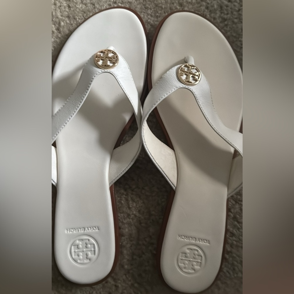 Tory Burch White Flip Flops with Gold Emblem